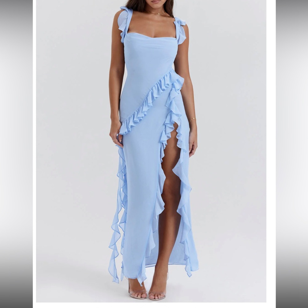 Elegant Light Blue Ruffle Maxi Dress